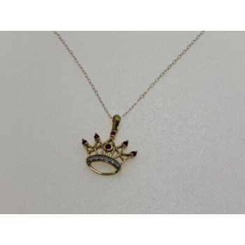 10K YELLOW GOLD RUBIES & DIAMONDS CROWN CHAIN WITH PENDANT