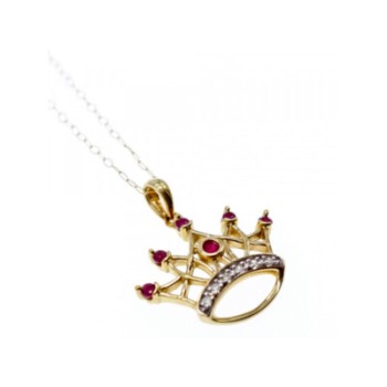10K YELLOW GOLD RUBIES & DIAMONDS CROWN CHAIN WITH PENDANT