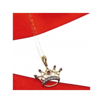 10K YELLOW GOLD RUBIES & DIAMONDS CROWN CHAIN WITH PENDANT