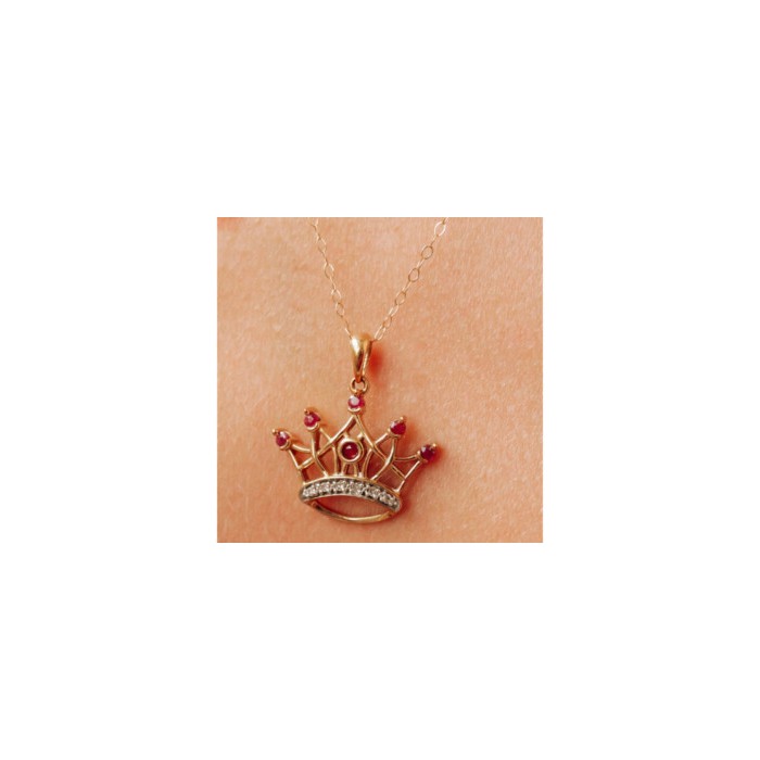10K YELLOW GOLD RUBIES & DIAMONDS CROWN CHAIN WITH PENDANT