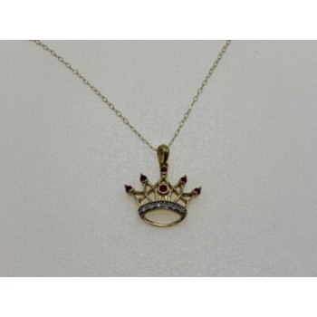 10K YELLOW GOLD RUBIES & DIAMONDS CROWN CHAIN WITH PENDANT