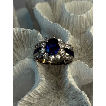925 Sterling Silver Sapphire & Beryl Flower Ring Size 7.5