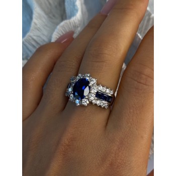 925 Sterling Silver Sapphire & Beryl Flower Ring Size 7.5