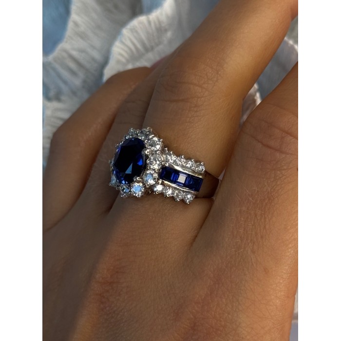 925 Sterling Silver Sapphire & Beryl Flower Ring Size 7.5