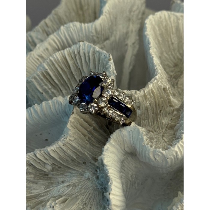 925 Sterling Silver Sapphire & Beryl Flower Ring Size 7.5