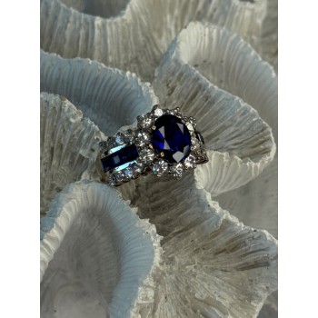 925 Sterling Silver Sapphire & Beryl Flower Ring Size 7.5