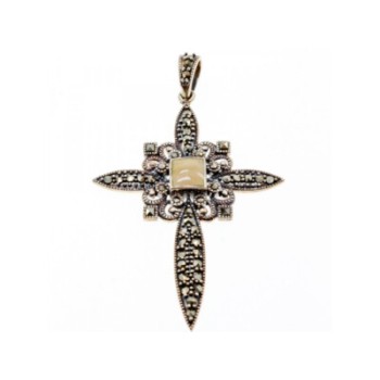 925 STERLING SILVER AGATE & MARCASITE CROSS PENDANT