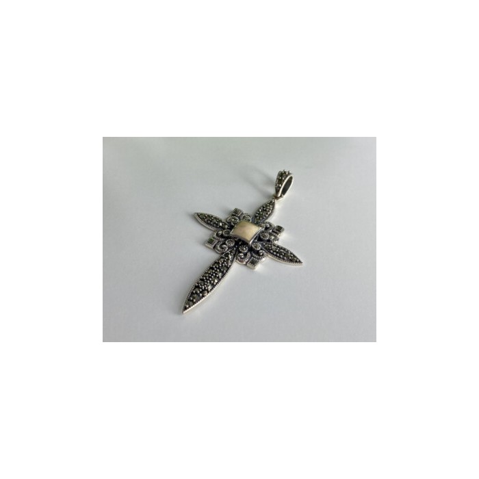 925 STERLING SILVER AGATE & MARCASITE CROSS PENDANT