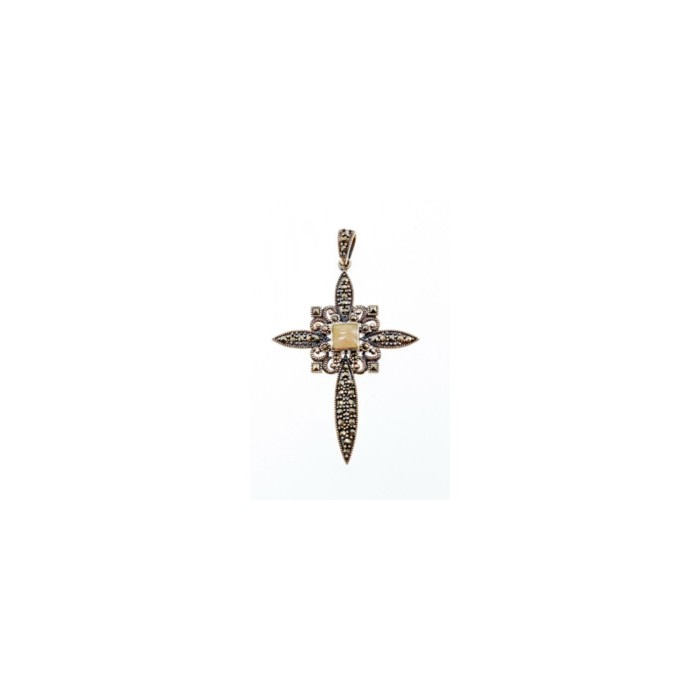 925 STERLING SILVER AGATE & MARCASITE CROSS PENDANT