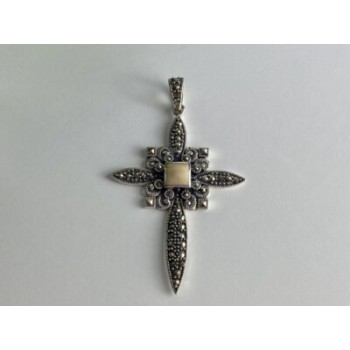 925 STERLING SILVER AGATE & MARCASITE CROSS PENDANT