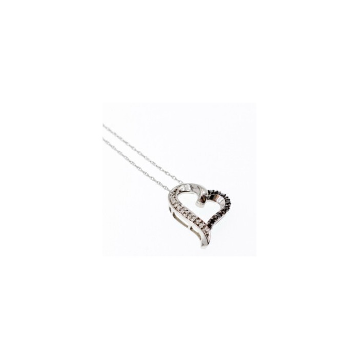 10K WHITE GOLD BLACK & WHITE DIAMONDS HEART CHAIN WITH PENDANT