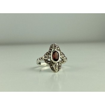 925 Sterling Silver Almandine & Marcasites Ring Size 7
