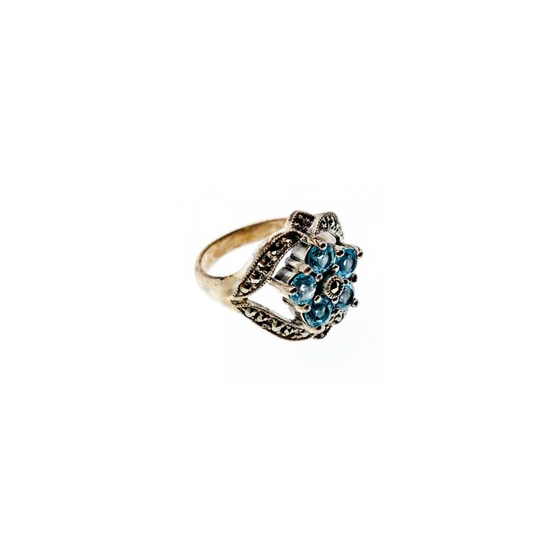 925 Sterling Silver Blue Topaz & Marcasites Ring Size 8