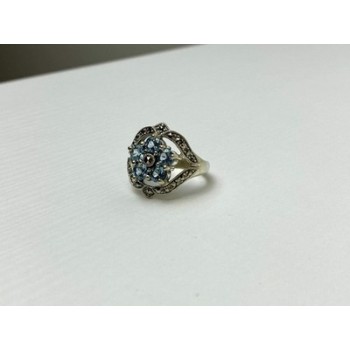 925 Sterling Silver Blue Topaz & Marcasites Ring Size 8