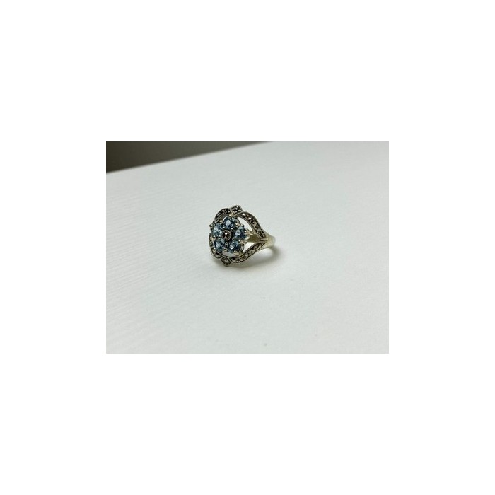 925 Sterling Silver Blue Topaz & Marcasites Ring Size 8