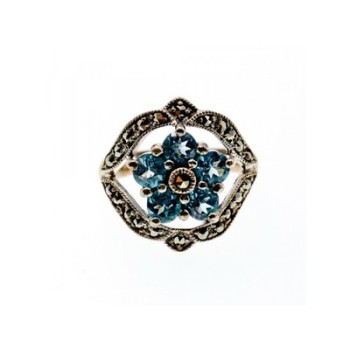 925 Sterling Silver Blue Topaz & Marcasites Ring Size 8