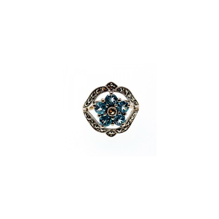 925 Sterling Silver Blue Topaz & Marcasites Ring Size 8