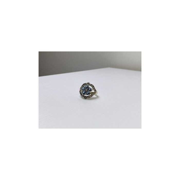 925 Sterling Silver Blue Topaz & Marcasites Ring Size 8