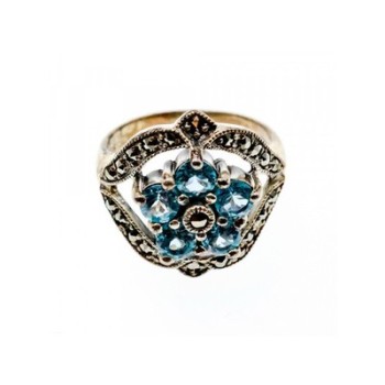 925 Sterling Silver Blue Topaz & Marcasites Ring Size 8