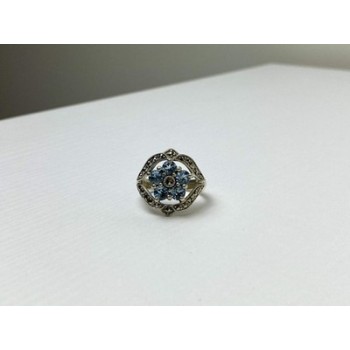 925 Sterling Silver Blue Topaz & Marcasites Ring Size 8