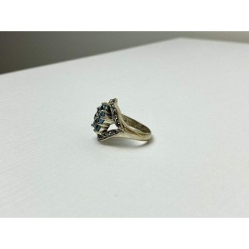 925 Sterling Silver Blue Topaz & Marcasites Ring Size 8