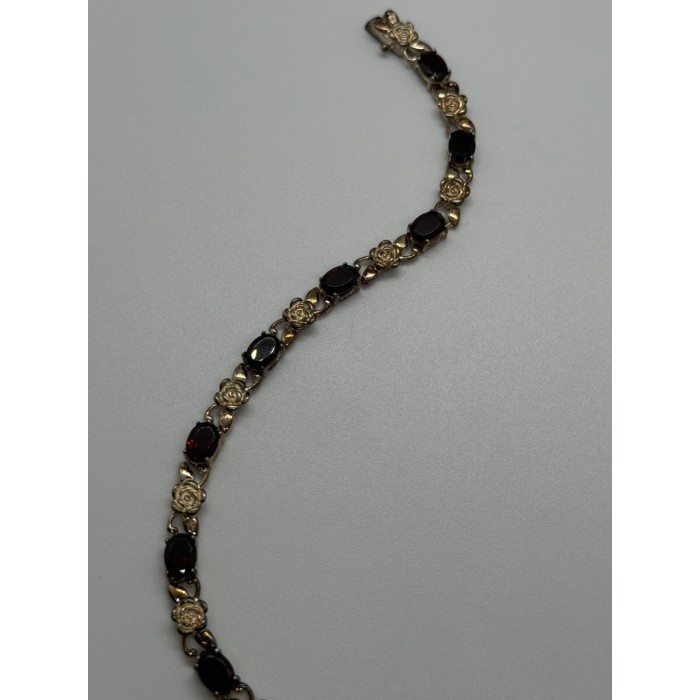 925 STERLING SILVER GARNET FLOWERS  BRACELET
