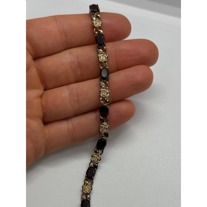 925 STERLING SILVER GARNET FLOWERS  BRACELET