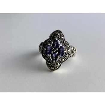 Vintage 925 Sterling Silver Amethyst & Marcasites Ring Size 6