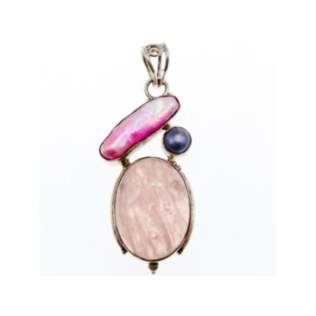 925 STERLING SILVER MORGANITE, HALIOTIS & PEARL PENDANT