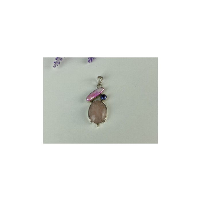 925 STERLING SILVER MORGANITE, HALIOTIS & PEARL PENDANT