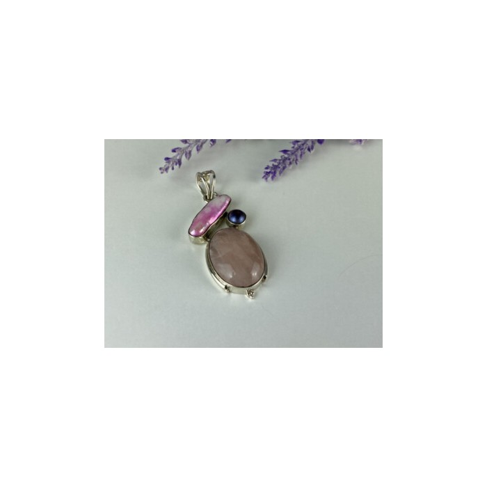 925 STERLING SILVER MORGANITE, HALIOTIS & PEARL PENDANT