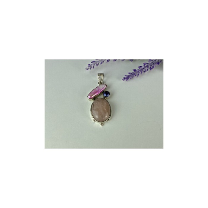 925 STERLING SILVER MORGANITE, HALIOTIS & PEARL PENDANT