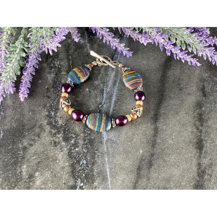 925 STERLING SILVER MULTICOLOR  JASPER BRACELET SIZE 7.5 IN