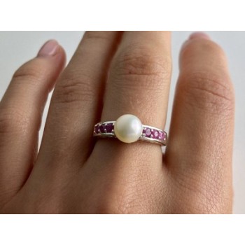 925 Sterling Silver Pearl & Pink Spinel Ring Size 8