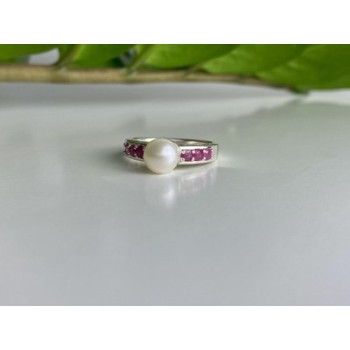925 Sterling Silver Pearl & Pink Spinel Ring Size 8