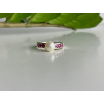 925 Sterling Silver Pearl & Pink Spinel Ring Size 8