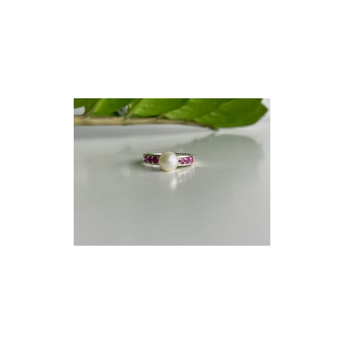 925 Sterling Silver Pearl & Pink Spinel Ring Size 8