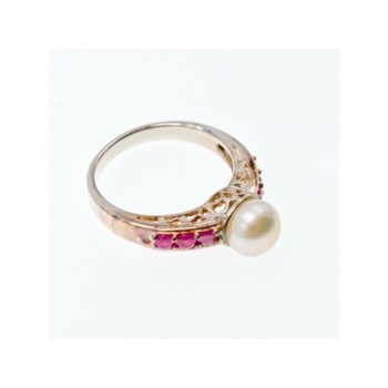 925 Sterling Silver Pearl & Pink Spinel Ring Size 8