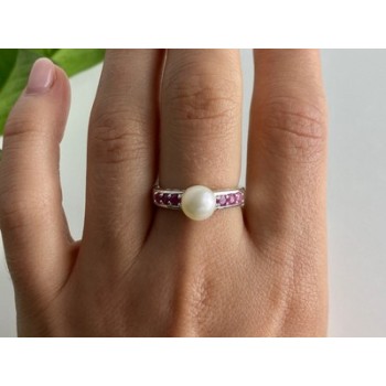 925 Sterling Silver Pearl & Pink Spinel Ring Size 8