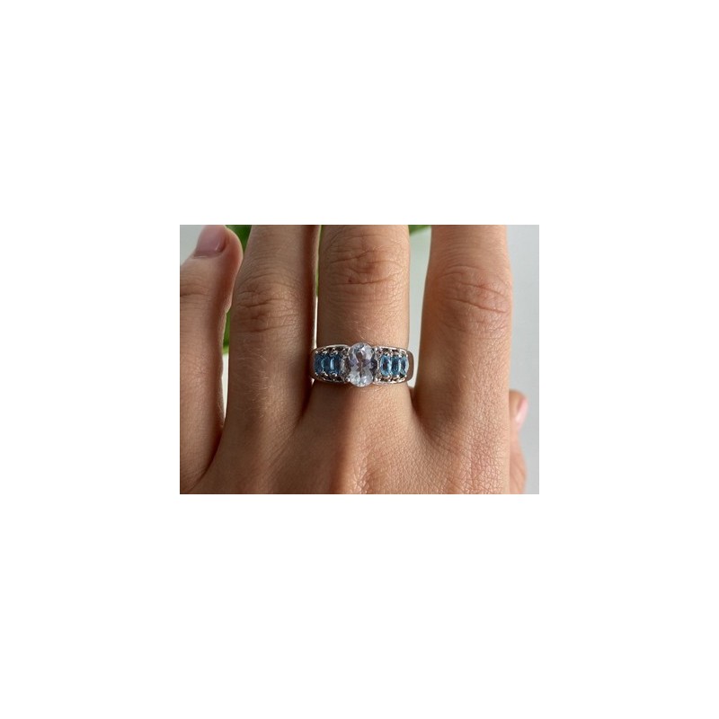 925 Sterling Silver Aquamarines Ring Size 8