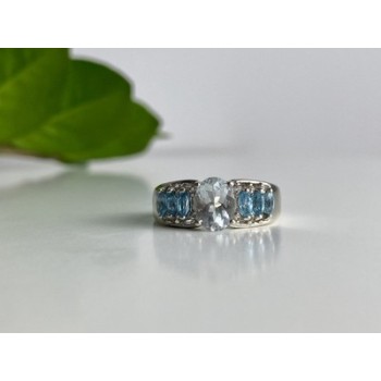 925 Sterling Silver Aquamarines Ring Size 8