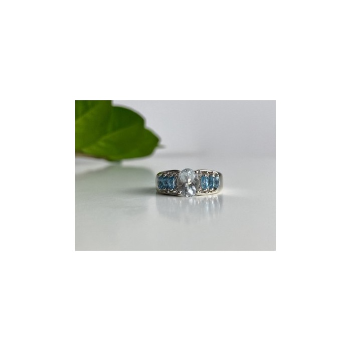 925 Sterling Silver Aquamarines Ring Size 8