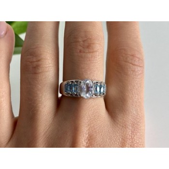 925 Sterling Silver Aquamarines Ring Size 8