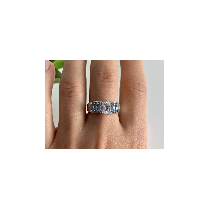 925 Sterling Silver Aquamarines Ring Size 8
