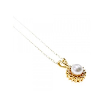 14K YELLOW GOLD PEARL & DIAMONDS CHAIN WITH PENDANT