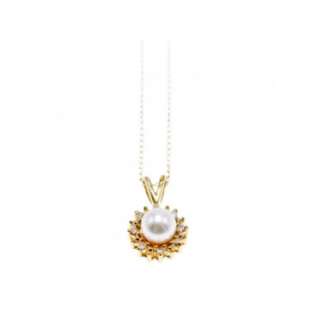 14K YELLOW GOLD PEARL & DIAMONDS CHAIN WITH PENDANT