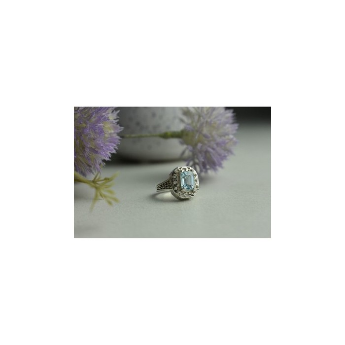 925 Sterling Silver Blue Spinel Openwork Ring Size 6