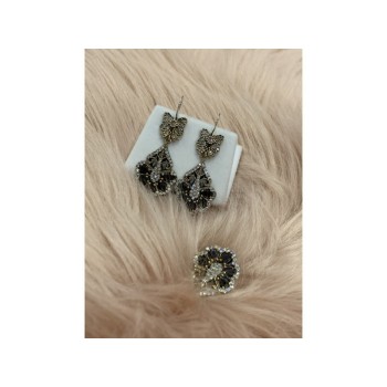 925 STERLING SILVER BLACK TOURMALINE (SHERL) & CZ SET