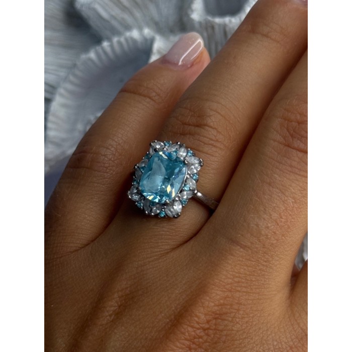 Beautiful 925 Sterling Silver Topaz & Beryl Ring Size 8