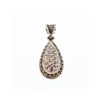 925 Sterling Silver CZ & Marcasite Drop Pendant